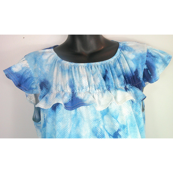 LuLaRoe Women's Large Stasha Shirt Flutter Sleeves Ruffle Blue & White - Picture 2 of 8